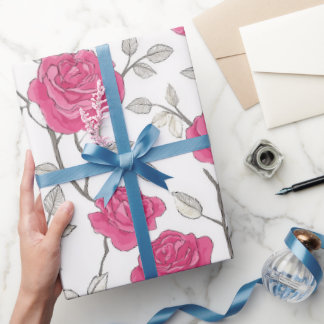 Handgezeichnetes rosa Rosen weißes Blumenmuster Geschenkpapier