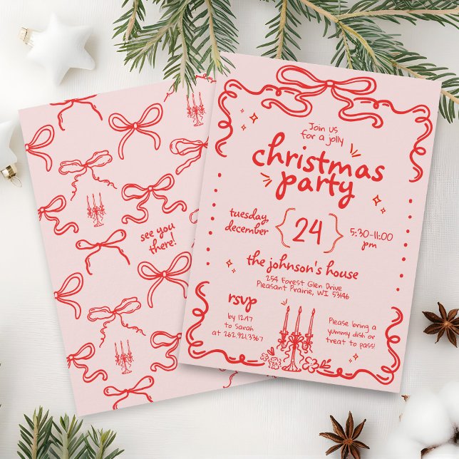 Handgezeichnetes Rosa & Roter Bow Modernes Weihnac Einladung (Fun unique retro red pink hand drawn scribbles coquette bow quirky funky Christmas Party invitation)