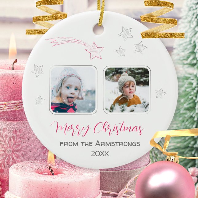 Handgezeichnetes rosa Shooting Star Foto Xmas Text Keramik Ornament (Hand Drawn Pink Shooting Star Photo Xmas Text Gift Ceramic Ornament ©Susanne Sachers - Sunny Mind 🌞)