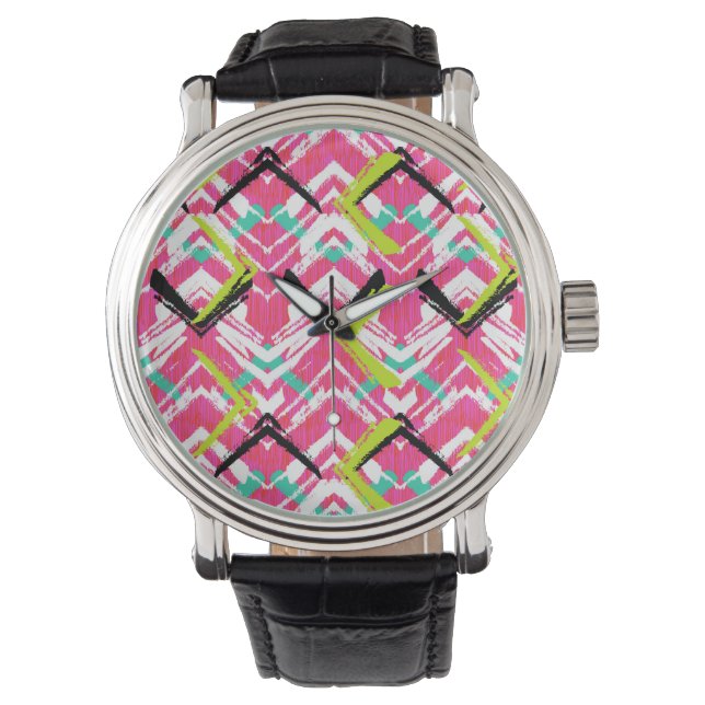 Handgezeichnetes Rosa Zig Zag Muster Armbanduhr (Vorderseite)
