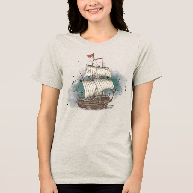 Handgezeichnetes Schiff Tri-Blend Shirt (Vorderseite)