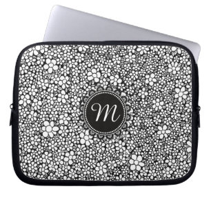 Handgezeichnetes Schwarz-Weiß-Blumenmuster-Monogra Laptopschutzhülle