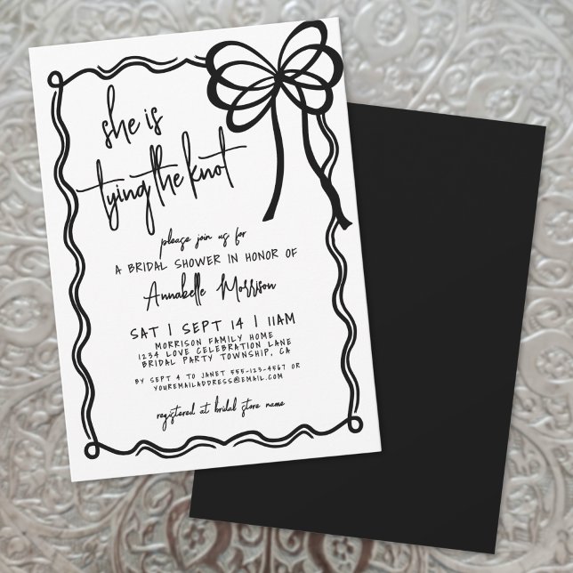 Handgezeichnetes Schwarz-weißes Bow-Brautparty Einladung (Hand Drawn Black White Bow Bridal Shower Invitation)