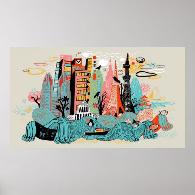 Handgezeichnetes Tokio Japan Poster (Vorne)