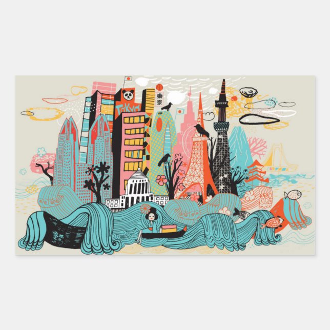 Handgezeichnetes Tokio Japan Rechteckiger Aufkleber (Vorderseite)