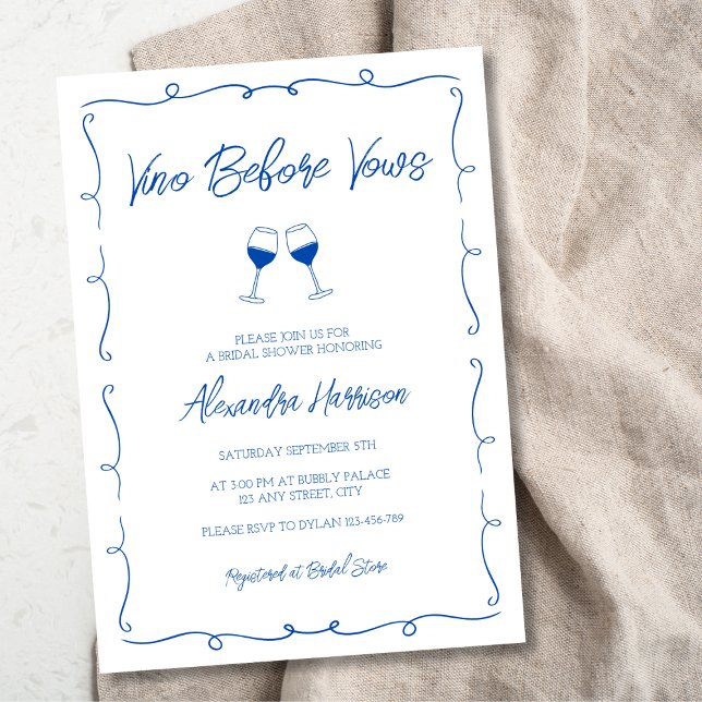 Handgezeichnetes Trendy Blue Wine Brautparty Einladung (Hand Drawn Trendy Blue Wine Bridal Shower Invitation)