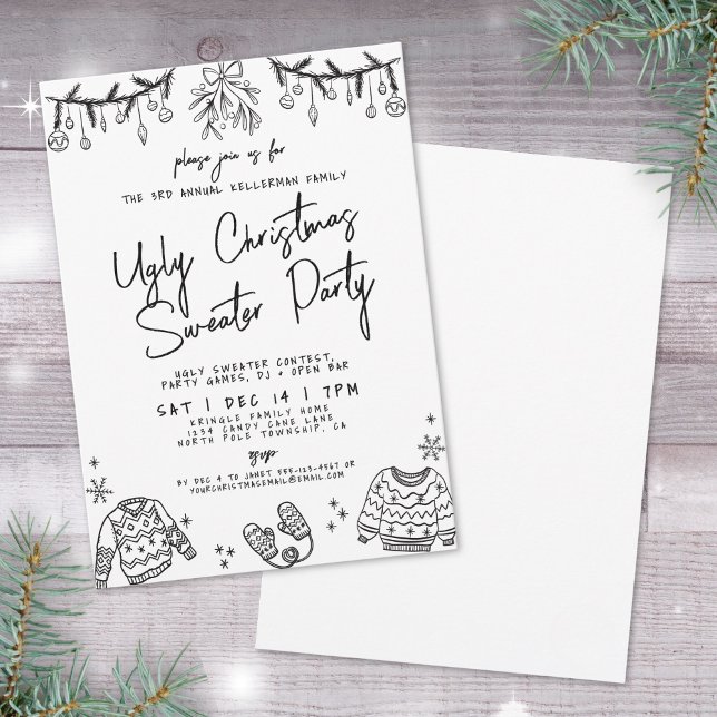 Handgezeichnetes Ugly Sweater Christmas Party Einladung (Hand Drawn Ugly Sweater Christmas Party Invitation)