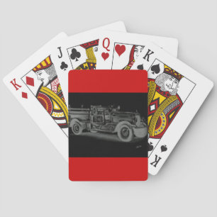 handgezeichnetes vintage Feuerwehrauto invertiert Spielkarten