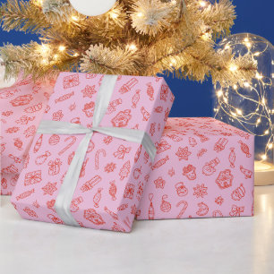 Handgezeichnetes Weihnachtsrosa und rotes Umschlag Geschenkpapier