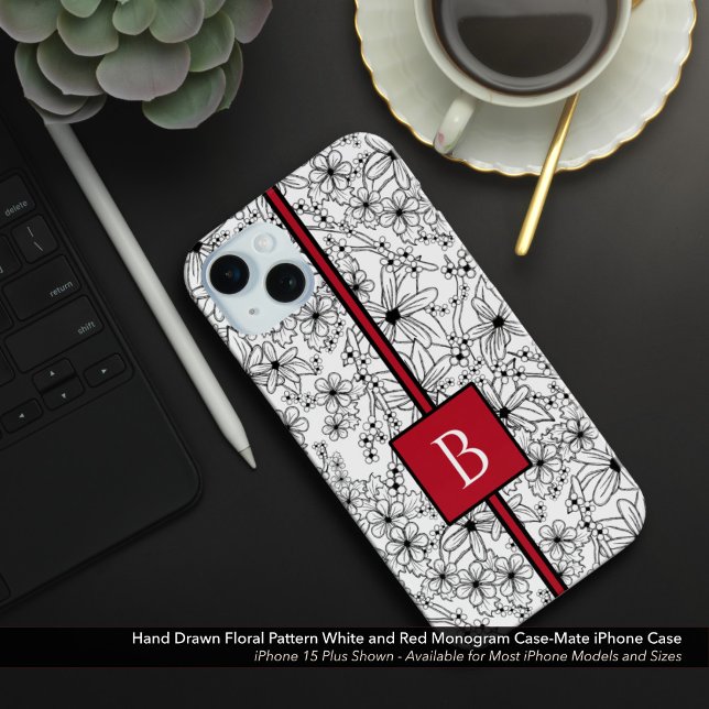 Handgezeichnetes weißes Blumenmuster und rotes Mon Case-Mate iPhone Hülle (Hand Drawn Floral Pattern: White Flowers with Red Monogram Case-Mate iPhone Case)