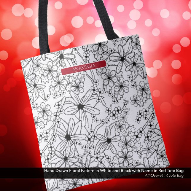 Handgezeichnetes, weißes schwarzes Muster und rote (Tote Bag: Hand Drawn Floral Pattern in Black White, Personalized with Name in Red)