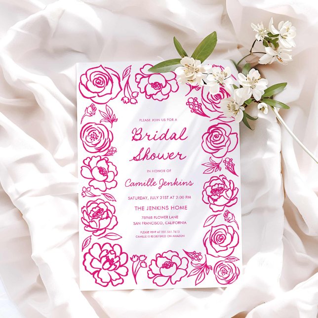 Handgezeichnetes weißfarbenes Brautparty Einladung (Whimsy Hot Pink Floral Bridal shower invitation)