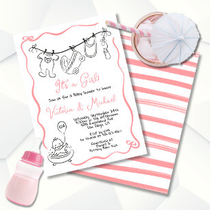 Handgezeichnetes whimsical Baby Shower Clothesline Einladung