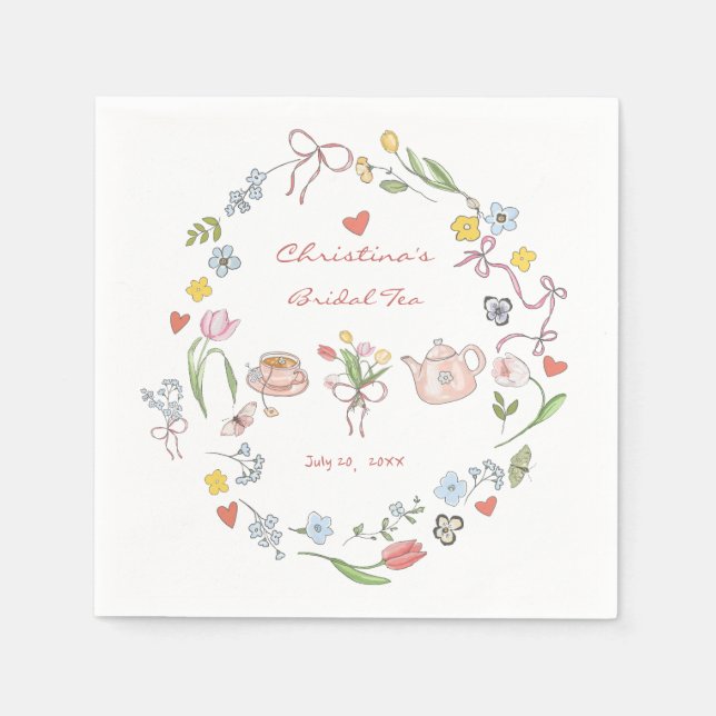 Handgezeichnetes Whimsical Tee-Brautparty Serviette (Vorderseite)