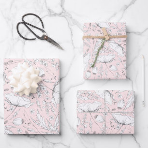 Handgezeichnetes Wildblumen-Bleistiftskizzenmuster Geschenkpapier Set