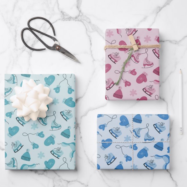 Handgezeichnetes Winterpattern-Mix-Verpackungspapi Geschenkpapier Set (Vorderseite)