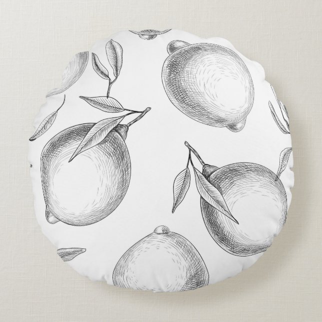 Handgezeichnetes Zitronenmuster Rundes Kissen (Vorderseite)