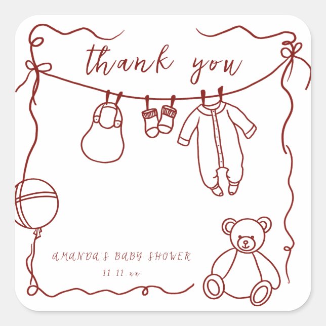 Handgezogene Babykleidung Babydusche Danke Quadratischer Aufkleber (Vorderseite)