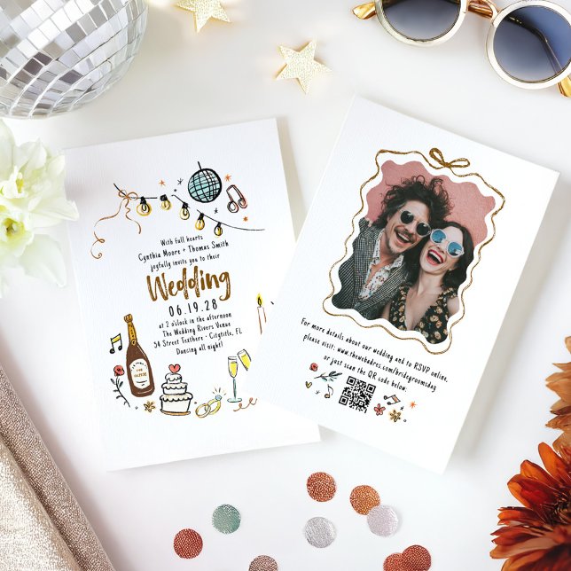Handgezogene Doodles Funky Wedding & Details Foto Einladung (Whimsical Funky Hand Drawn Wedding Photo Invitation with Details and QR code)