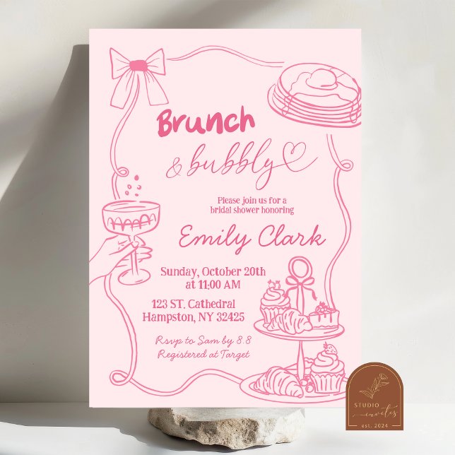 Handgezogene Doodles Rosa Brunch und Bubbly Einladung (Von Creator hochgeladen)