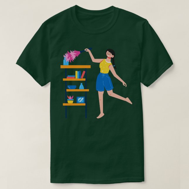 Handgezogene Frau beim Reinigen T-Shirt (Design vorne)