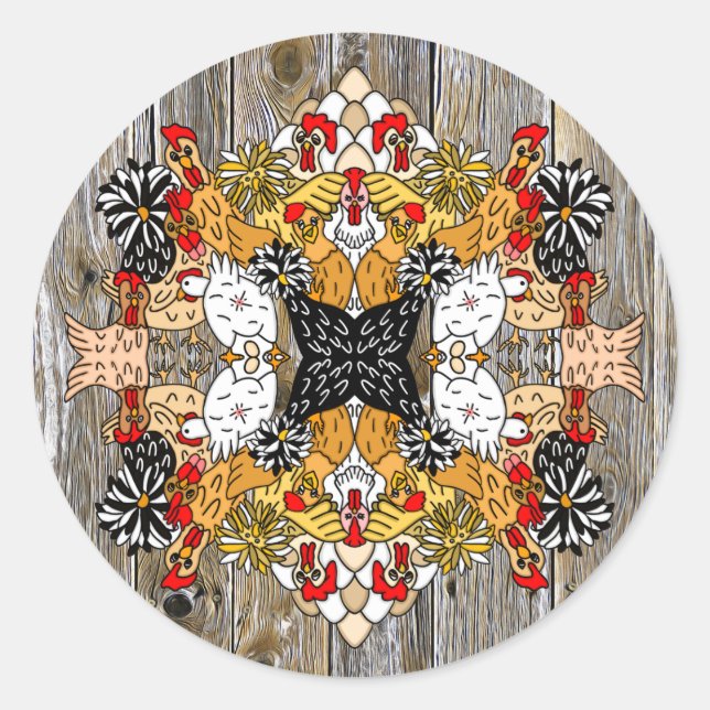 Handgezogene Funny Cartoon Hühner Runder Aufkleber (Vorderseite)