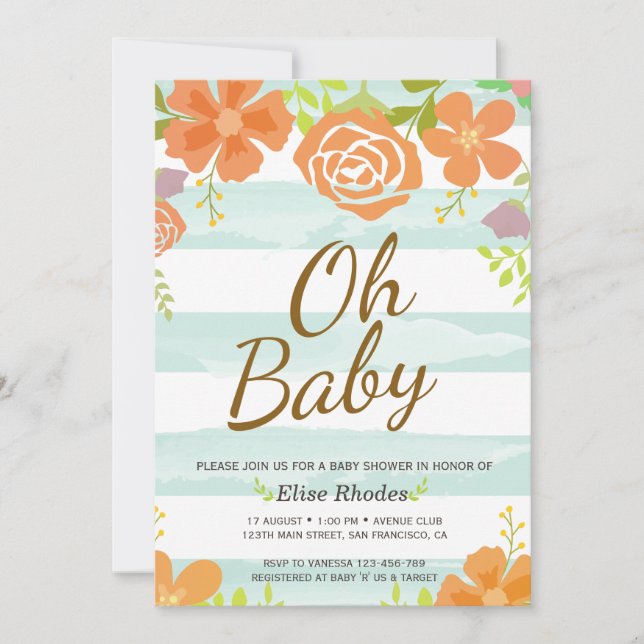 Handgezogene, grüne Streifen Blume Krandusche Einladung (Vorderseite)