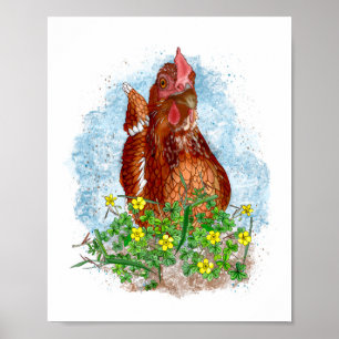 Handgezogene Hühnerart Niedliches Hühnchen in Bl Poster