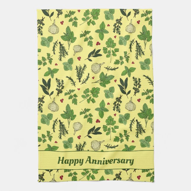 Handgezogene Küchenkräutern Gemusterte Creme Geschirrtuch (Vertikal)