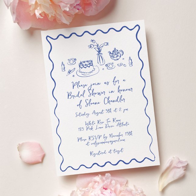 Handgezogene Lebensmittel und Getränke Doodles Bri Einladung (Hand drawn food and drink doodle illustrations bridal brunch invitation in blue and white.)
