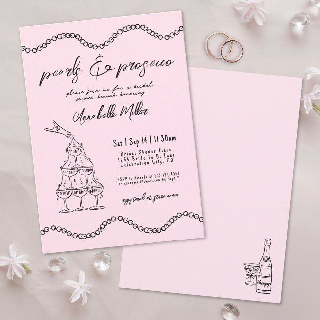 Handgezogene Perlen Whimsisches Prosecco-Brautpart Einladung (Hand Drawn Pearls Whimsical Prosecco Bridal Shower Invitation)