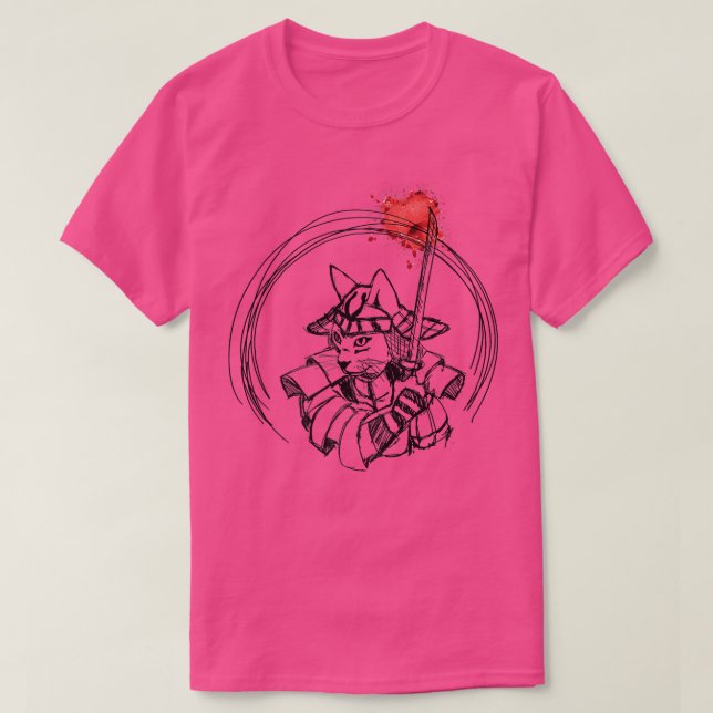 Handgezogene Samurai-Katze mit Spritzern (2) T-Shirt (Design vorne)