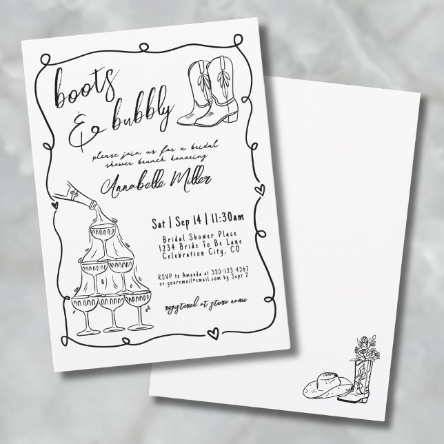 Handgezogene Stiefel und Brautparty Einladung (Hand Drawn Boots And Bubbly Bridal Shower Invitation)