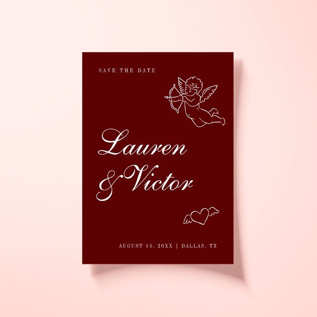 Handgezogene Whimsical Cupid Burgundy Red Wedding Save The Date (Von Creator hochgeladen)
