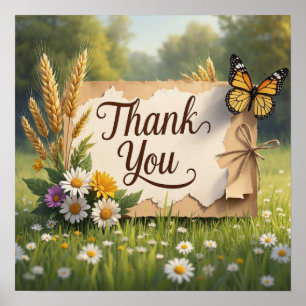 Handgezogene Wildblumen, Weizenställe, Schmetterli Poster