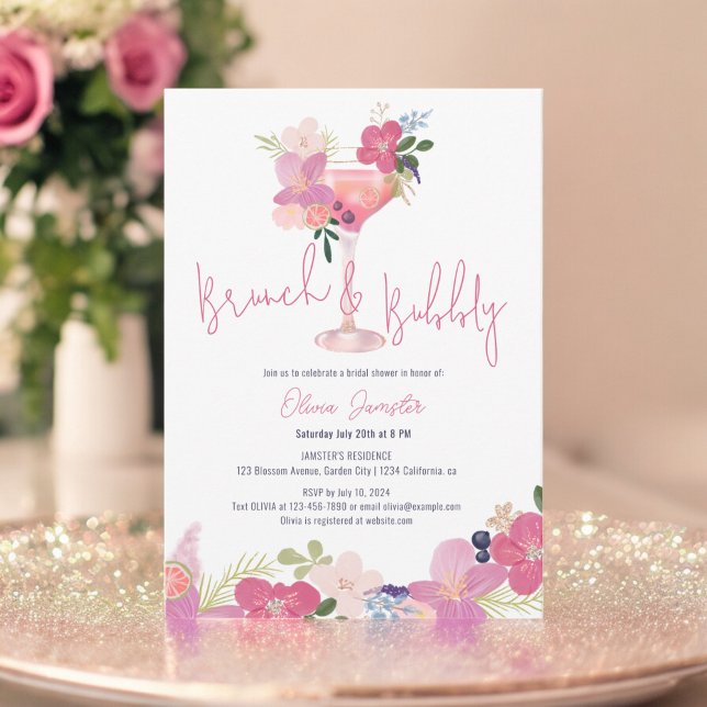Handgezogener Blumenkohl und Brautparty Einladung (Hand Drawn Floral Brunch and Bubbly Bridal Shower Invitation)
