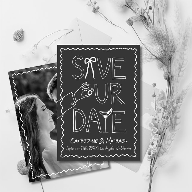 Handgezogener Bow Ring & Wine Whimsical Foto Hochz Save The Date (Von Creator hochgeladen)
