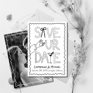 Handgezogener Bow Ring & Wine Whimsical Foto Hochz Save The Date