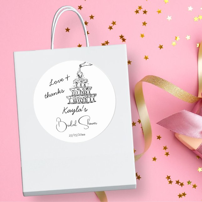 Handgezogener Champagnerturm Brautparty Gunst Runder Aufkleber (Hand drawn scribble champagne tower black and white minimalist bridal shower thank you favor sticker)