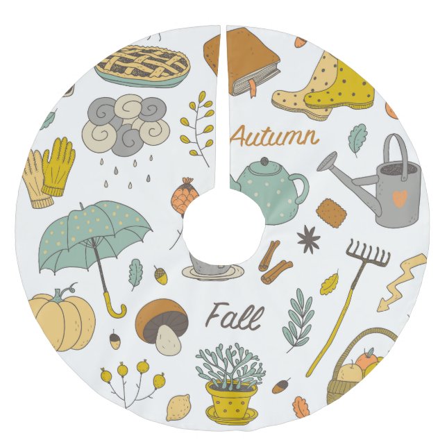 Handgezogener Fall: Vintages, farbiges Set Polyester Weihnachtsbaumdecke (Vorderseite)