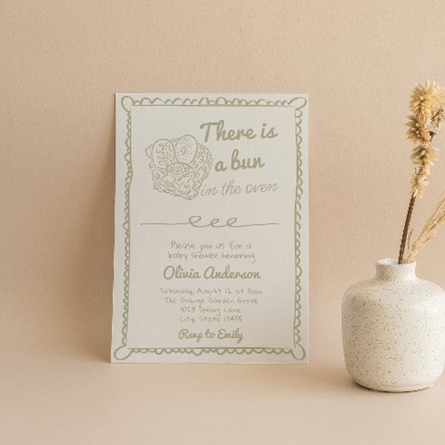 Handgezogener, grüner Bun in der Ovene-Babydusche Einladung (Von Creator hochgeladen)