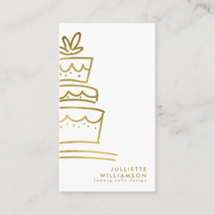 handgezogener Hochzeitskuchen Gold & Weiß Visitenkarte