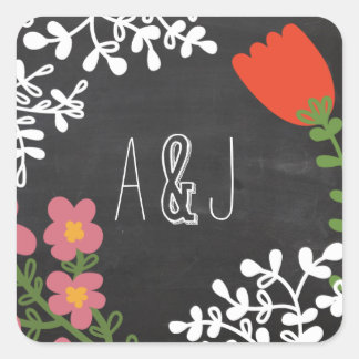 Handgezogener Mason Jar und Blume auf Khalkboard Quadratischer Aufkleber