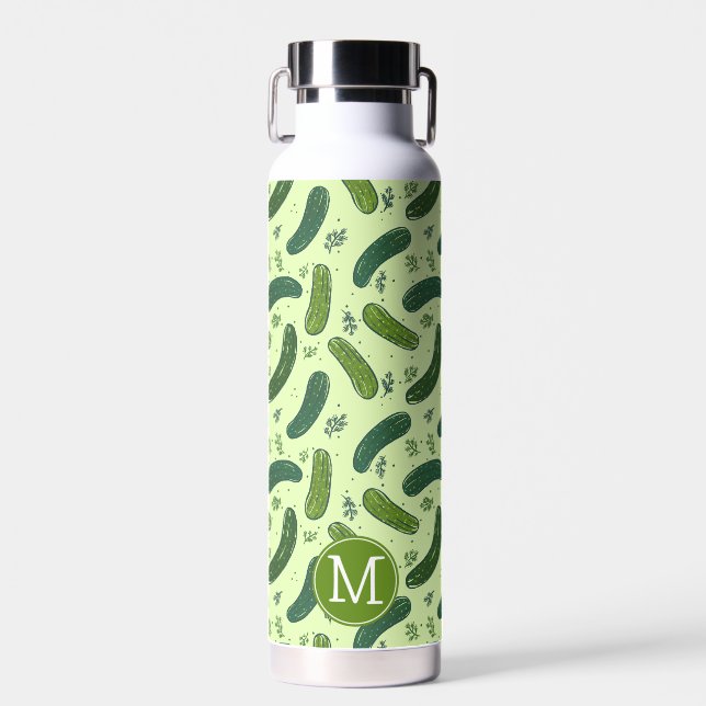Handgezogenes Dill-Pickle-Muster und Monogramm Trinkflasche (Vorne)