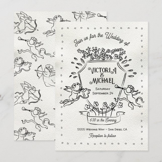 Handgezogenes Doodle Cherub Cupid Wappen Hochzeit Einladung (Vorne/Hinten)
