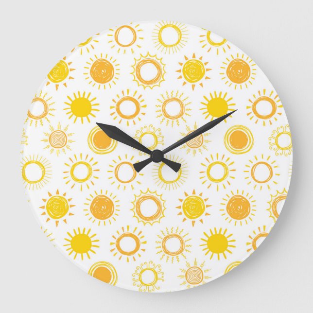 Handgezogenes Doodle-Sonnen-Muster Große Wanduhr (Vorderseite)