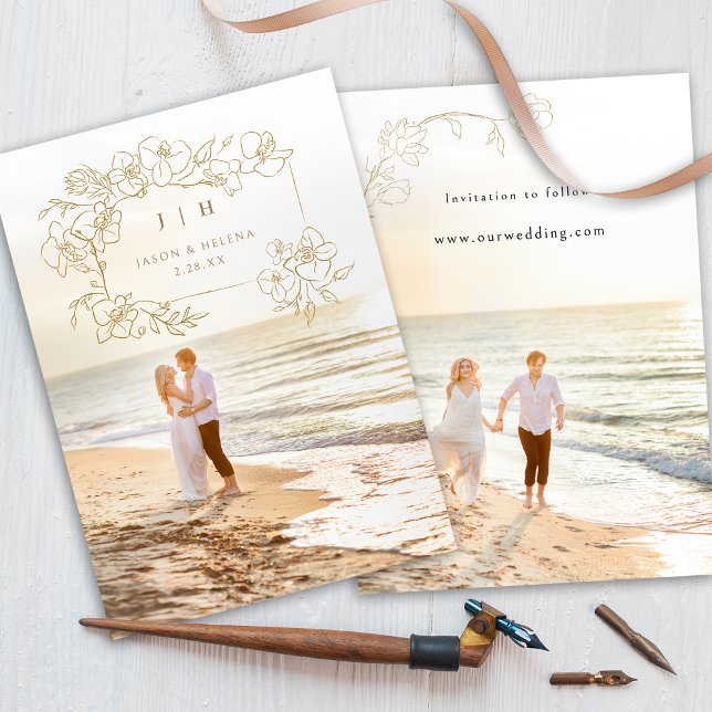 Handgezogenes Gold Bloral Save the Date (Von Creator hochgeladen)