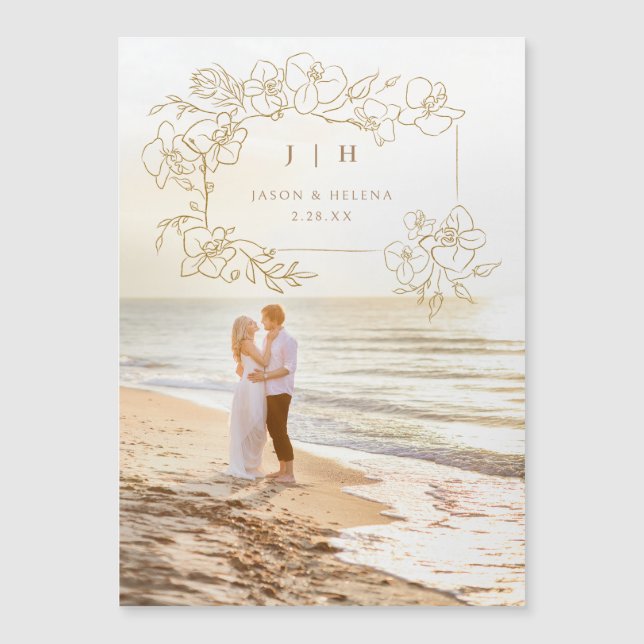 Handgezogenes Gold Bloral Save the Date Magneteinladung (Vorderseite)