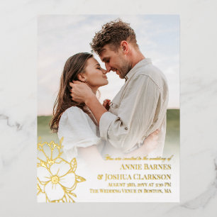 Handgezogenes Gold Foil Lineart Blume Foto Hochzei Folie Einladungspostkarte