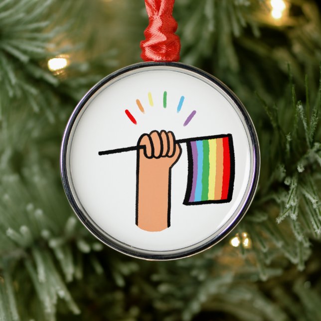 Handgezogenes Hand Waving a Rainbow Flag Ornament Aus Metall (Baum)